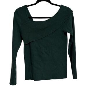 Lillusory Dark Green Ribbed Asymmetrical Neckline Sweater